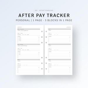 After Pay Tracker Printable Personal Ring Inserts, Payment Reminder Tracker, Spending Log Financial Journal Template, Digital Download PDF