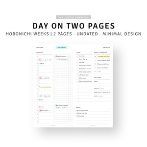 Day on Two Pages Printable Hobonichi Weeks Inserts, Undated Daily Hourly Planner Pages, To-do list, Daily Schedule Template, Self-care Sheet
