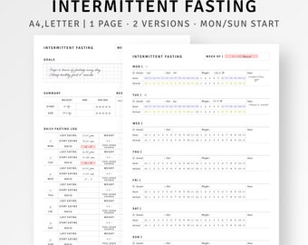 Puede incluir: Plantilla de seguimiento de ayuno intermitente imprimible en blanco y negro con diseño de cuadrícula. El seguimiento incluye secciones para el registro diario de ayuno, objetivos, resumen y seguimiento semanal. El seguimiento está diseñado para un inicio el lunes o el domingo.