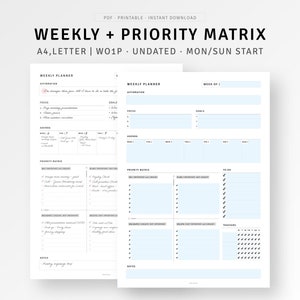 Weekly Planner + Priority Matrix Printable A4/Letter Fillable Weekly Overview Sheet, Productivity Planner, Time Blocking Page, To-do list