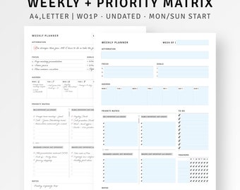 Weekly Planner + Priority Matrix Printable A4/Letter Fillable Weekly Overview Sheet, Productivity Planner, Time Blocking Page, To-do list