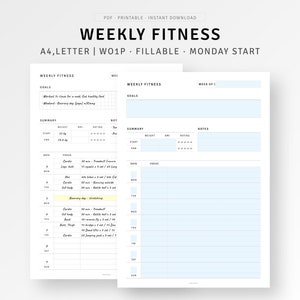 Diario de ejercicios imprimible con seguimiento de ejercicios (tamaño A4/carta), calendario semanal de ejercicios rellenable, planificador de ejercicios de salud, descarga digital.