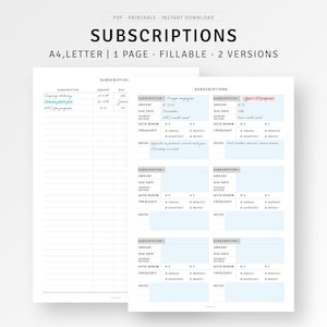 Abonnement-Tracker zum Ausdrucken von monatlichen Rechnungszahlungen, Vorlage für das monatliche Budget, digitale Download-Vorlage, A4-Beilagen