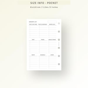 May include: A black and white grocery list printable with a pocket size of 3.19 by 4.72 inches. The list is divided into categories: Meat & Sea Foods, Fruits & Vegetables, Bakery & Deli, Dairy, Frozen, Snacks & Drinks, Pantry, Household, and Others.