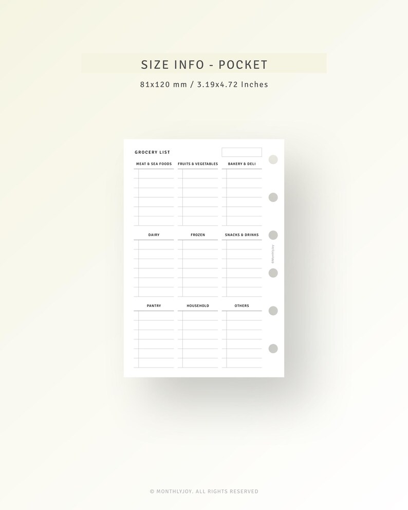 May include: A black and white grocery list printable with a pocket size of 3.19 by 4.72 inches. The list is divided into categories: Meat & Sea Foods, Fruits & Vegetables, Bakery & Deli, Dairy, Frozen, Snacks & Drinks, Pantry, Household, and Others.