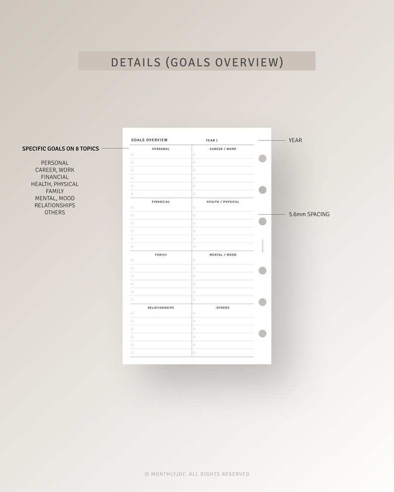 May include: A printable goals overview planner page with a checklist for 8 different categories: personal, career/work, financial, health/physical, family, mental/mood, relationships, and others. The page is designed for a 5.6mm disc bound planner.