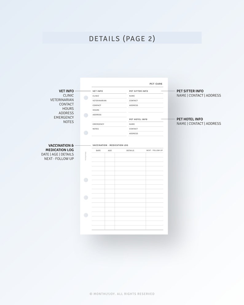 May include: A printable pet care log with sections for vet info, pet sitter info, pet hotel info, and a vaccination and medication log. The log includes spaces for dates, ages, details, and follow-up information.