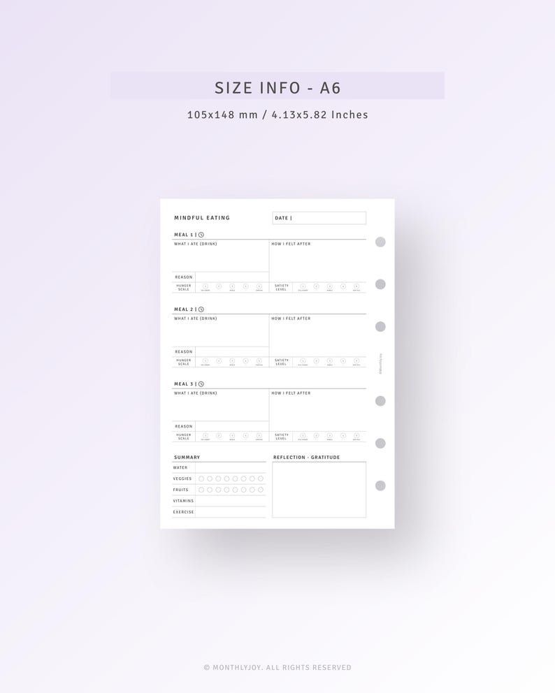 Mindful Eating Food Journal A6 Size Inserts Printable Daily Nutrition ...