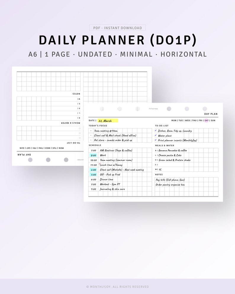 Undated Daily Planner A6 Ring Printable Day on One Page - Etsy