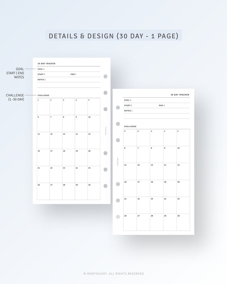 May include: White planner inserts with a 30-day tracker layout. The design includes sections for goals, notes, and a calendar grid for daily challenges. Text on the page reads "DETAILS & DESIGN (30 DAY - 1 PAGE)" and "MONTHLYJOY. ALL RIGHTS RESERVED."