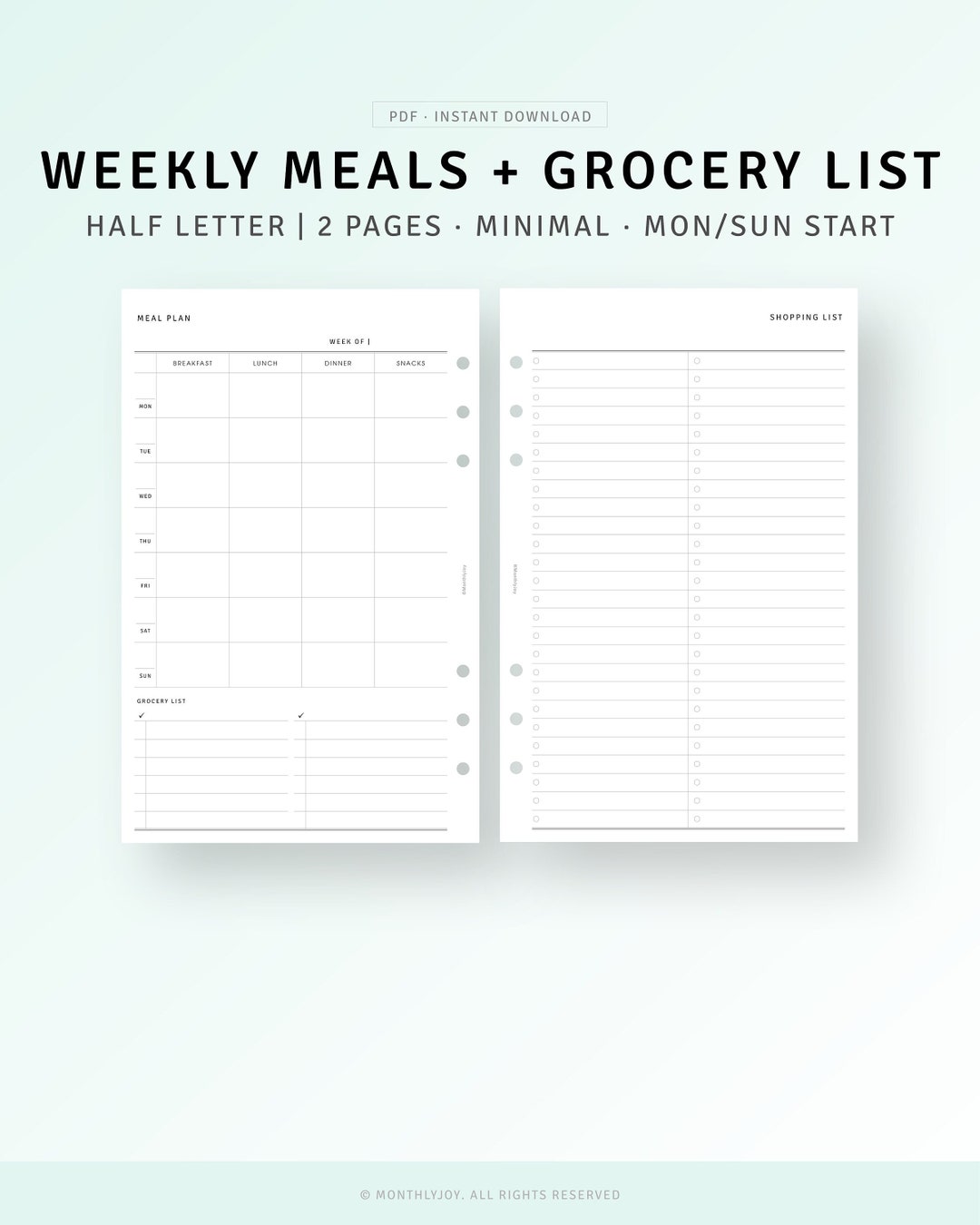 Meal Planner Printable Half Letter Inserts, Grocery Shopping List ...