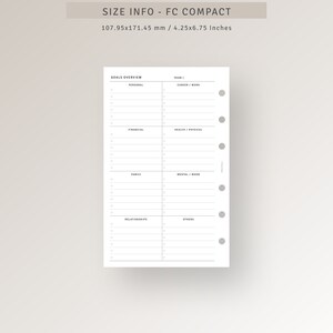 May include: A black and white printable goals overview planner page for a compact size planner. The page is divided into sections for personal, financial, career/work, health/physical, family, mental/mood, relationships, and others. The page is designed for a planner that is 4.25 inches by 6.75 inches.