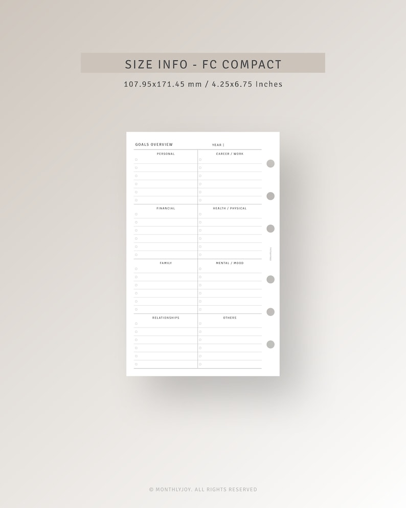 May include: A black and white printable goals overview planner page for a compact size planner. The page is divided into sections for personal, financial, career/work, health/physical, family, mental/mood, relationships, and others. The page is designed for a planner that is 4.25 inches by 6.75 inches.