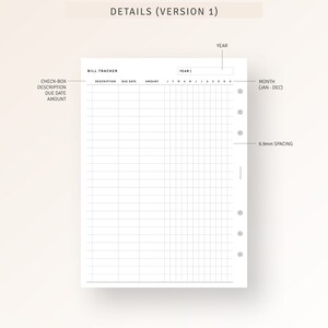 May include: A printable bill tracker with a grid layout for tracking bills by month and year. The tracker includes columns for description, due date, amount, and a check-box for each bill.