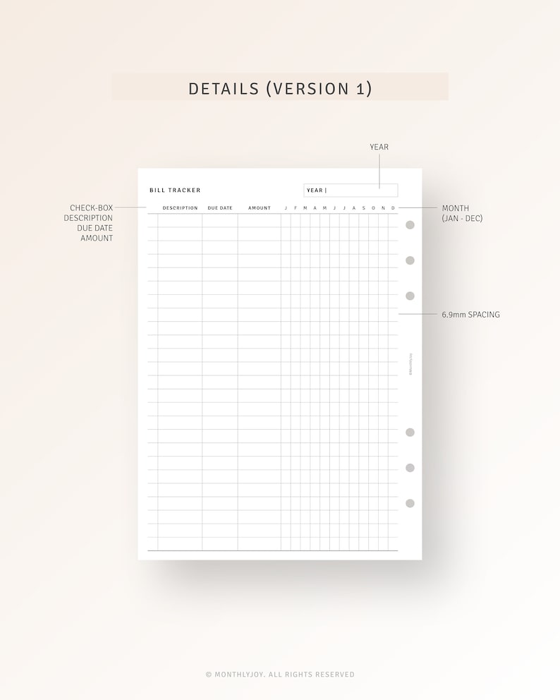 May include: A printable bill tracker with a grid layout for tracking bills by month and year. The tracker includes columns for description, due date, amount, and a check-box for each bill.