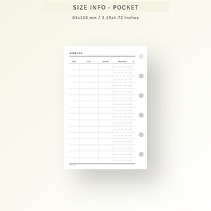 May include: A black and white printable book log for a pocket-sized planner. The log has columns for date, title, author, and progress. The page is 3.19 inches by 4.72 inches.