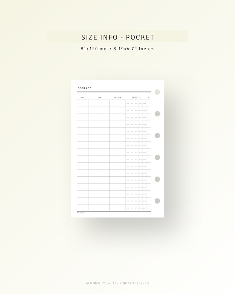 May include: A black and white printable book log for a pocket-sized planner. The log has columns for date, title, author, and progress. The page is 3.19 inches by 4.72 inches.