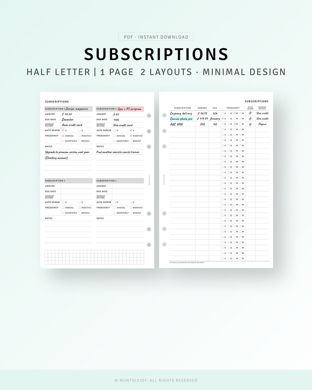 Subscription Tracker Printable Half Size Inserts, Membership Checklist ...