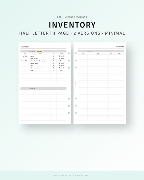 Inventory Template Printable Small Business Inventory Organizer List, Home Kitchen Inventory Log, Half Letter Inserts, Digital Download PDF