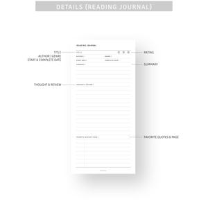 May include: A white reading journal page with the title "DETAILS (READING JOURNAL)". The page includes sections for title, author, genre, start and complete dates, summary, thought and review, favorite quotes, and page numbers.