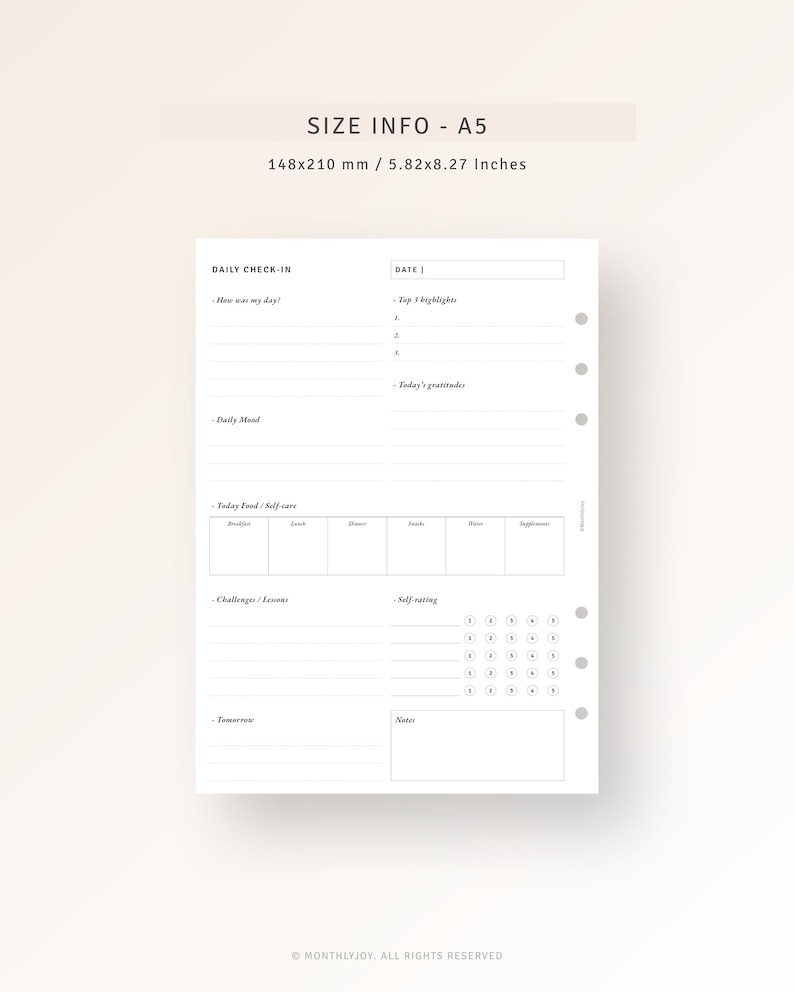 May include: A black and white printable daily planner page with the title "Daily Check-In" and "Date". The page includes sections for "How was my day?", "Top 3 highlights", "Today's gratitude", "Daily Mood", "Today Food/Self-care", "Challenges/Lessons", "Self-rating", "Tomorrow", and "Notes".