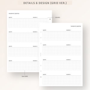 May include: Printable planner page with a grid layout for writing down favorite quotes. The page is divided into sections for the quote and the source. The page is labeled "Favorite Quotes".