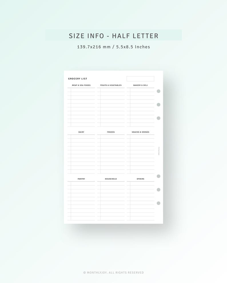 Week Meal Planner Printable Half Letter Inserts, Simple Grocery ...