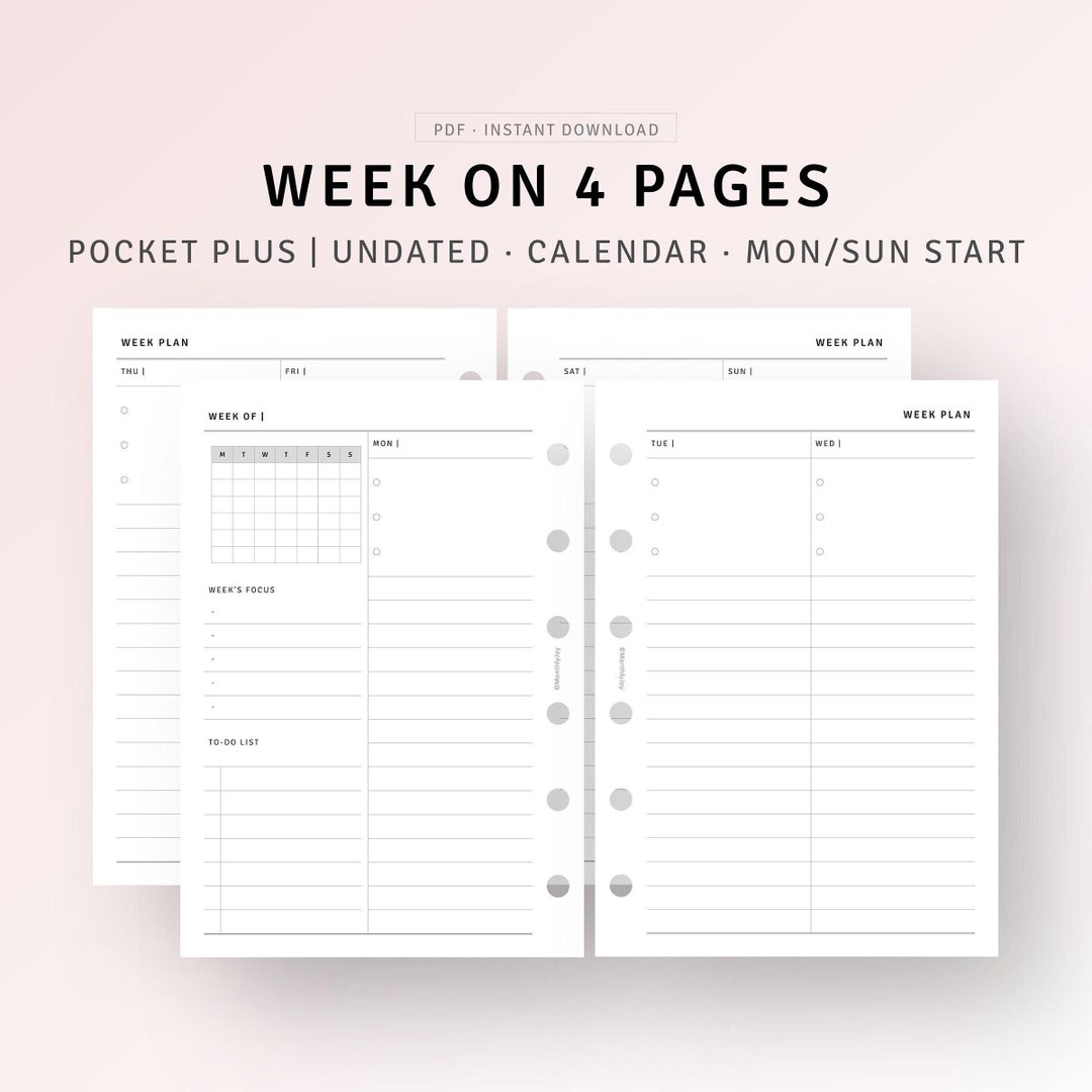 Week on 4 Pages With Calendar Printable Undated Weekly Planner, Agenda ...