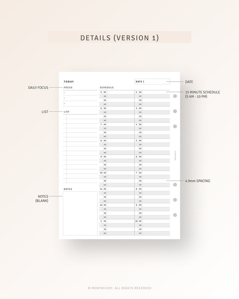 Peut inclure: Une page de planificateur quotidien imprimable avec des sections pour la concentration quotidienne, la liste, l'horaire, les notes et un horaire de 15 minutes. La page est con&ccedil;ue pour un classeur &agrave; 6 anneaux et a un espacement de 4,9 mm entre les trous.