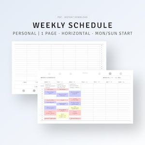 May include: A printable weekly schedule planner with a horizontal layout. The planner is designed for personal use and includes a section for each day of the week, starting with Monday and ending with Sunday. The planner is divided into 15 time slots, starting at 7:00 AM and ending at 9:00 PM. The planner also includes a section for notes and a section for goals. The planner is available in PDF format and can be downloaded instantly.