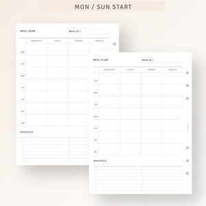 May include: Two printable meal planner pages with a black and white design. The pages are divided into sections for breakfast, lunch, dinner, and snacks. Each page has a section for groceries. The text "MON / SUN START" appears at the top of the page.