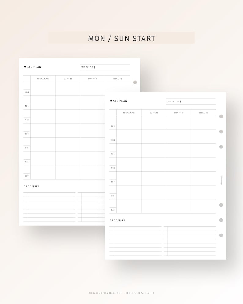 May include: Two printable meal planner pages with a black and white design. The pages are divided into sections for breakfast, lunch, dinner, and snacks. Each page has a section for groceries. The text "MON / SUN START" appears at the top of the page.