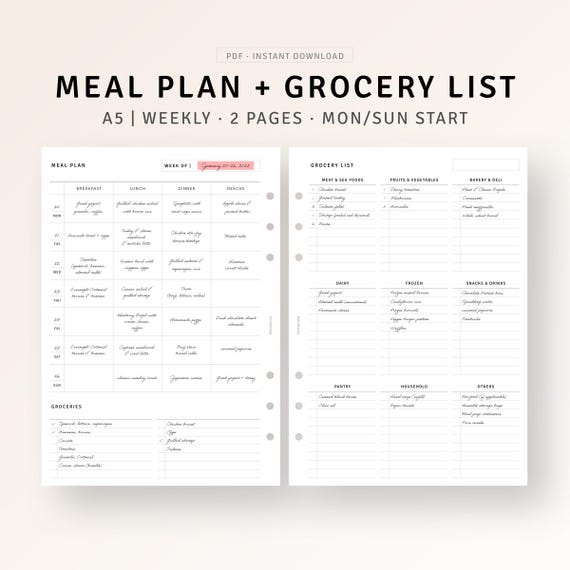 A5, Weekly Meal Planner with Grocery List Printable Daily Meal Prep Planner, Simple Food Tracker, Health Fitness Template, Digital Download