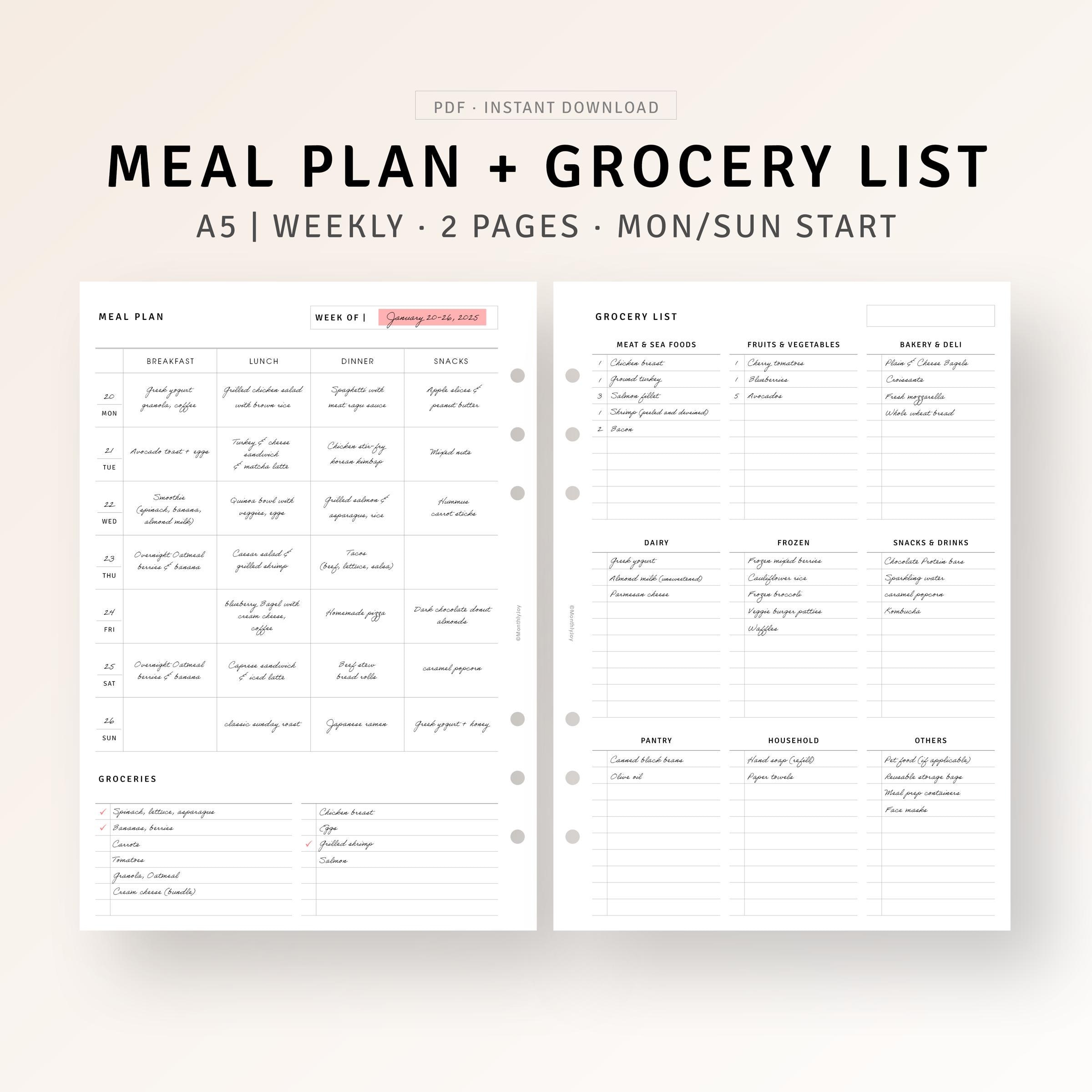 A5, Weekly Meal Planner with Grocery List Printable Daily Meal Prep Planner, Simple Food Tracker, Health Fitness Template, Digital Download