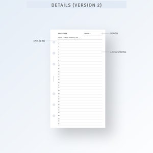 Puede incluir: Una hoja de planificaci&oacute;n blanca con el texto "DETAILS (VERSION 2)" en la parte superior. La inserci&oacute;n incluye secciones para la gratitud, un mes y un rango de fechas del 1 al 31. El espaciado entre las l&iacute;neas es de 4,7 mm. La parte inferior de la inserci&oacute;n tiene el texto "MONTHLYJOY. ALL RIGHTS RESERVED."