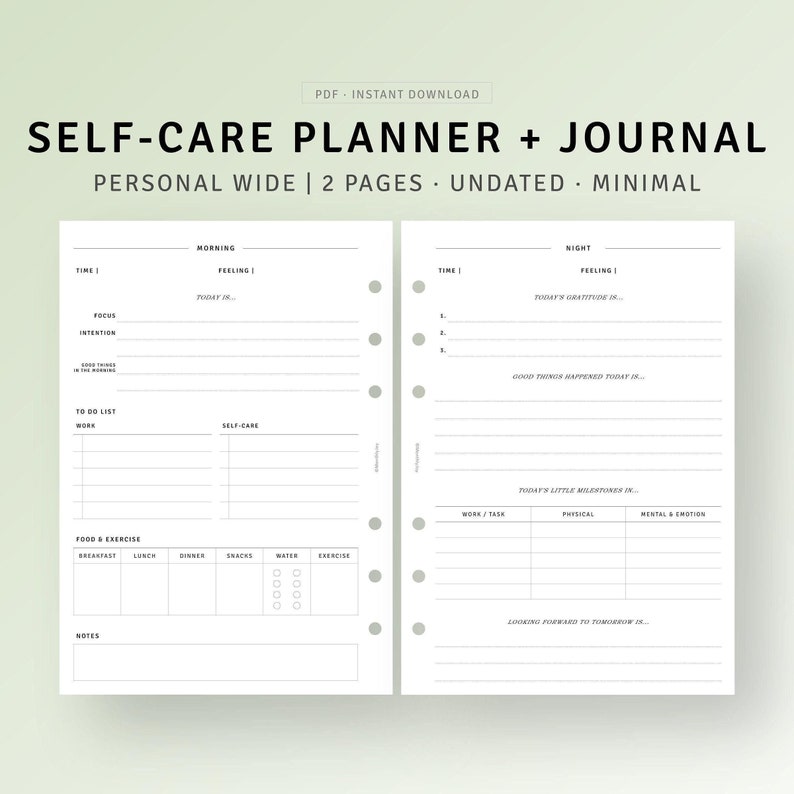 Peut inclure: Un planificateur et un journal de soins personnels au design minimaliste, imprimables. Le planificateur comprend des sections pour l'heure, la concentration, l'intention, la liste des choses &agrave; faire, le travail, les soins personnels, la nourriture et l'exercice, et des notes. Le journal comprend des sections pour l'heure, le sentiment, la gratitude, les bonnes choses qui se sont produites, les jalons, le travail/t&acirc;che, le physique, le mental et l'&eacute;motion, et l'attente du lendemain.