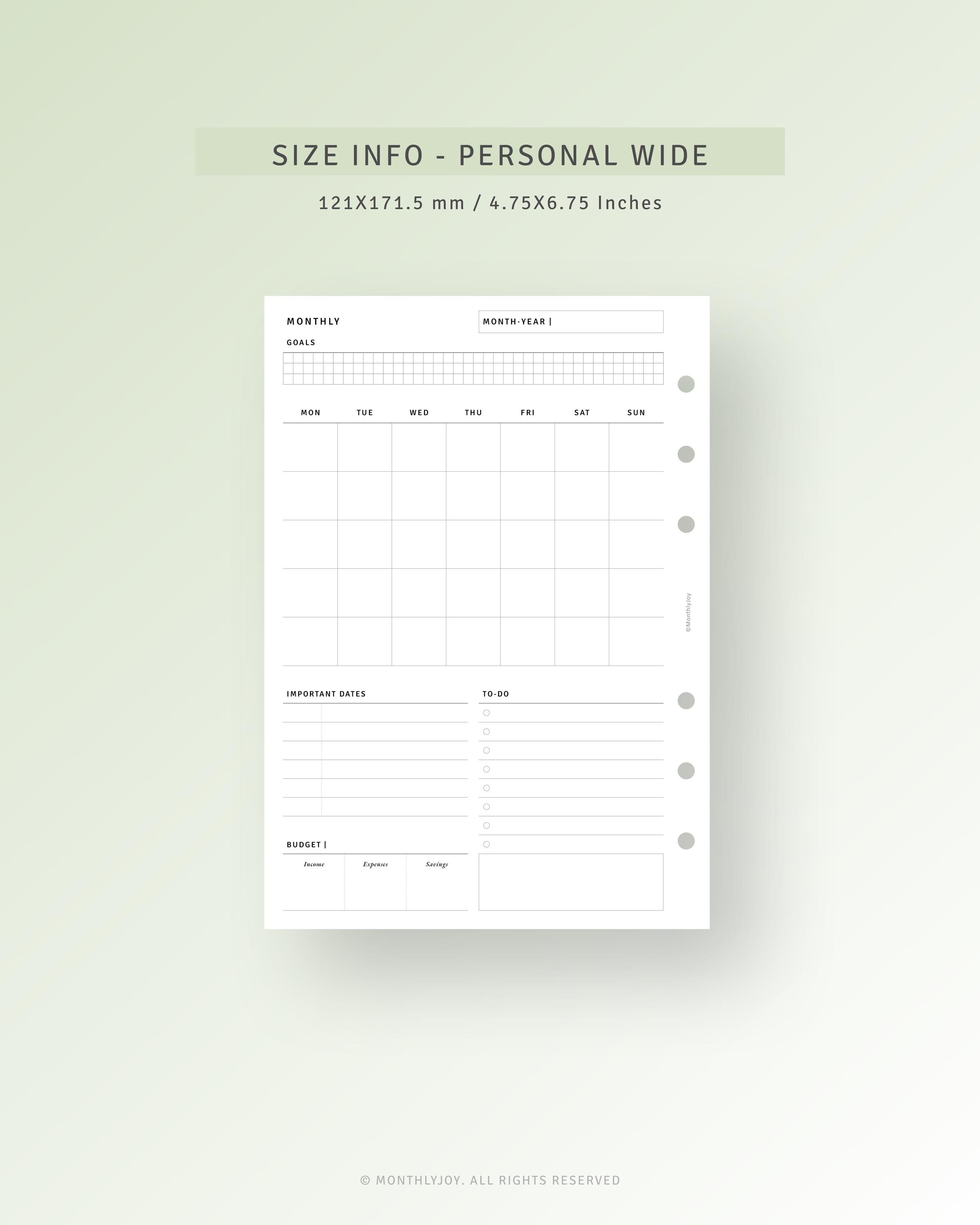Month at A Glance Printable Personal Wide Inserts, Blank Calendar With ...