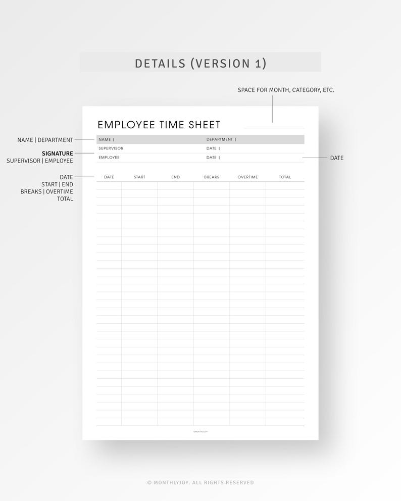 Employee Time Sheet Printable Weekly Timesheet Template, Work Hours Log ...