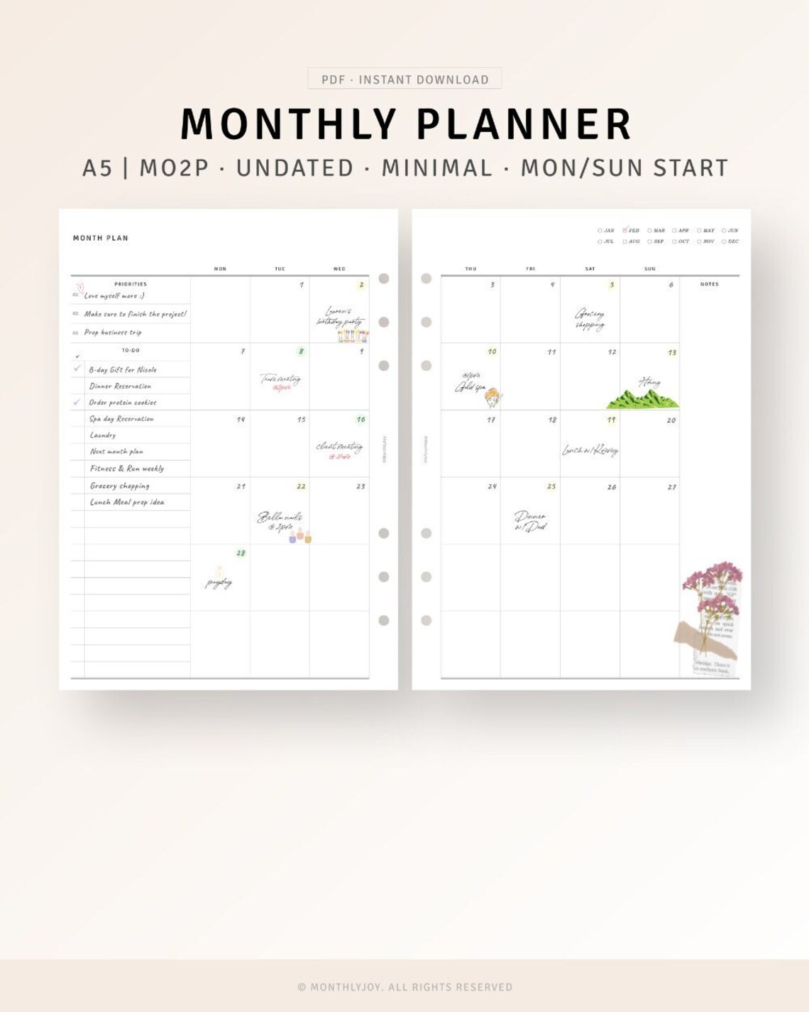 Monthly Planner Printable A5 Planner Inserts Undated Monthly - Etsy
