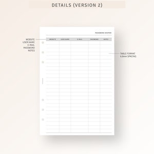 Puede incluir: Una p&aacute;gina de planificador de contrase&ntilde;as imprimible con un formato de tabla para organizar el sitio web, el nombre de usuario, el correo electr&oacute;nico, la contrase&ntilde;a y las notas. La tabla tiene un espacio de 6,8 mm.