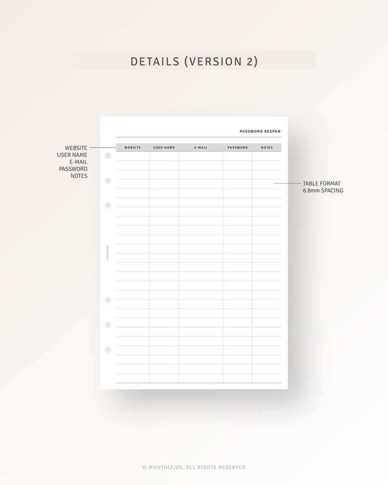Puede incluir: Una p&aacute;gina de planificador de contrase&ntilde;as imprimible con un formato de tabla para organizar el sitio web, el nombre de usuario, el correo electr&oacute;nico, la contrase&ntilde;a y las notas. La tabla tiene un espacio de 6,8 mm.
