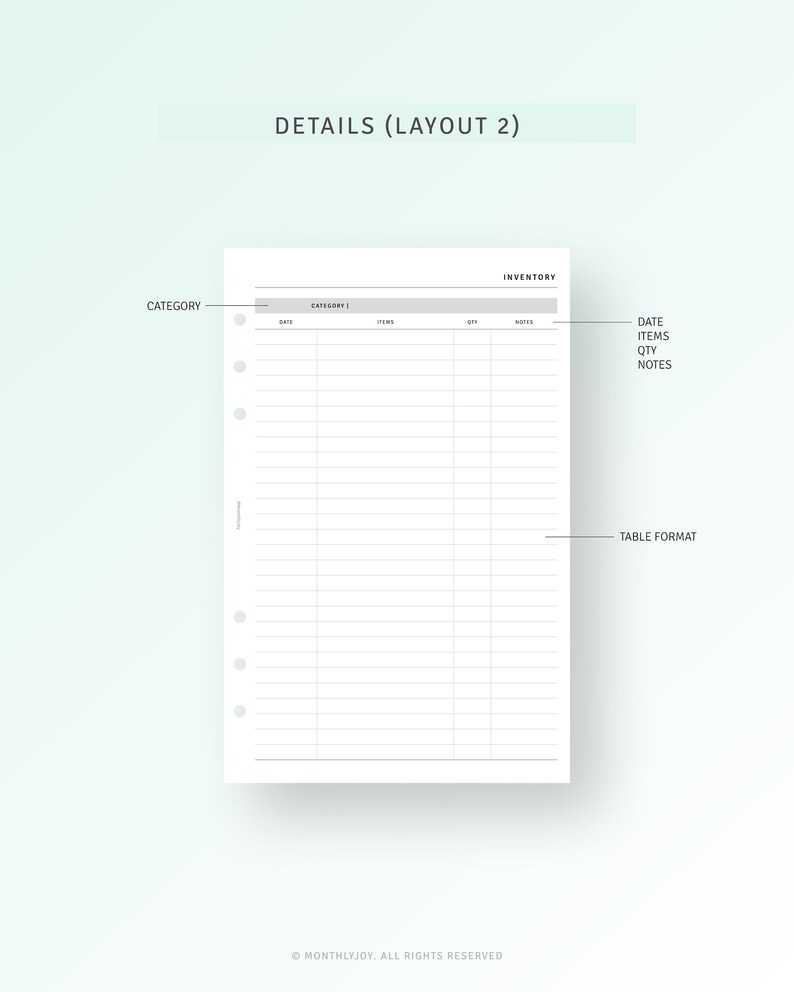 K&ouml;nnte beinhalten: Eine druckbare Inventar-Tracker-Seite mit einem Tabellenformat zum Organisieren von Artikeln, Mengen und Notizen. Die Seite enth&auml;lt Abschnitte f&uuml;r Kategorie, Datum, Artikel, Menge und Notizen.