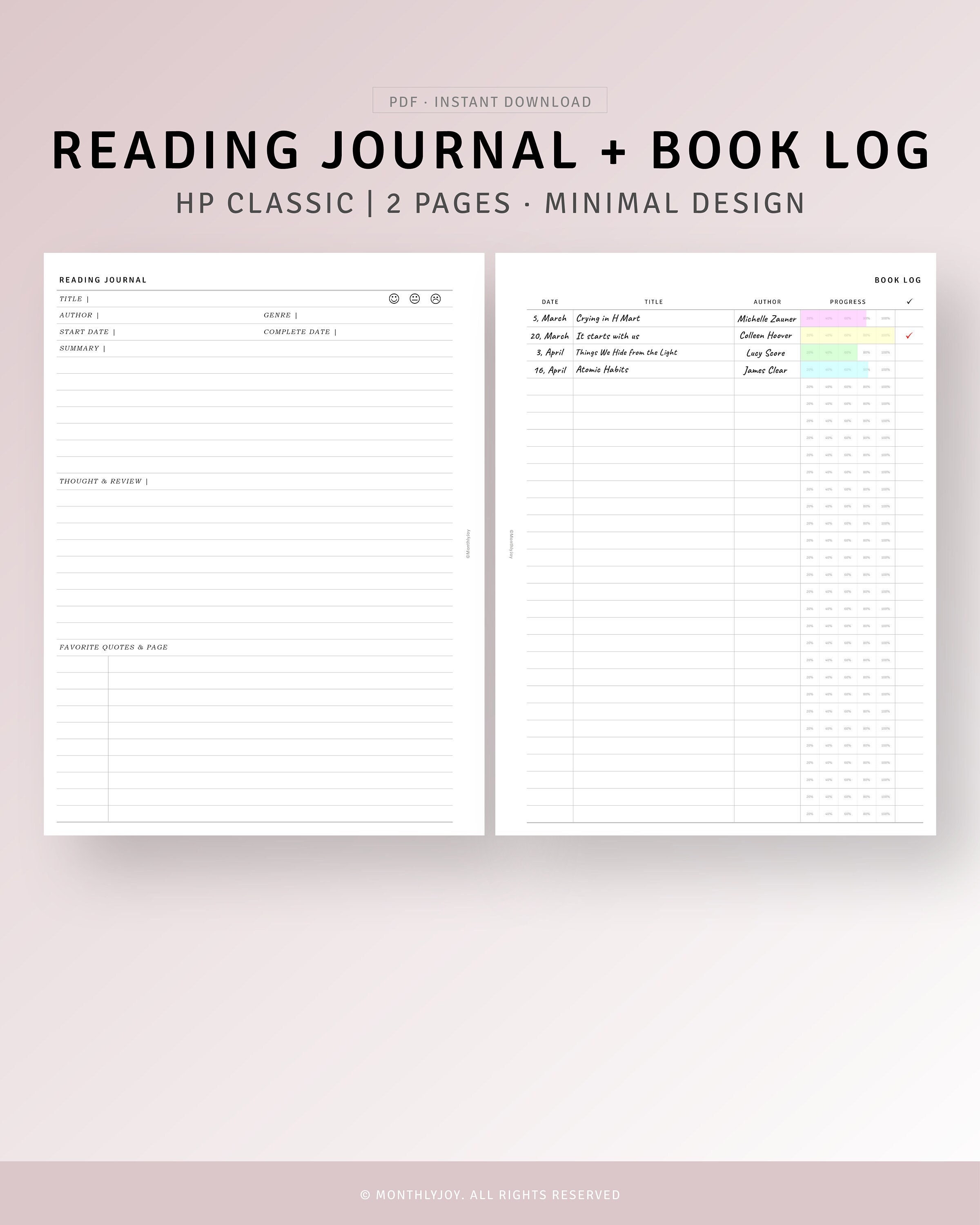 HP Classic Reading Journal Printable Book Reading Log Template, Book Review  Journal, Simple Book Tracker, Reading Planner, Reading Challenge 