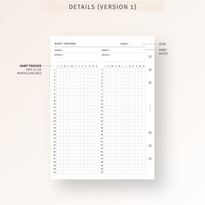 Op de afbeelding: Een zwart-witte habit tracker-printbare met een rasterindeling voor het bijhouden van dagelijkse gewoonten. De printbare bevat secties voor gewoontenamen, notities en een jaaroverzicht. De printbare is ontworpen voor gebruik met een disc-gebonden planner.