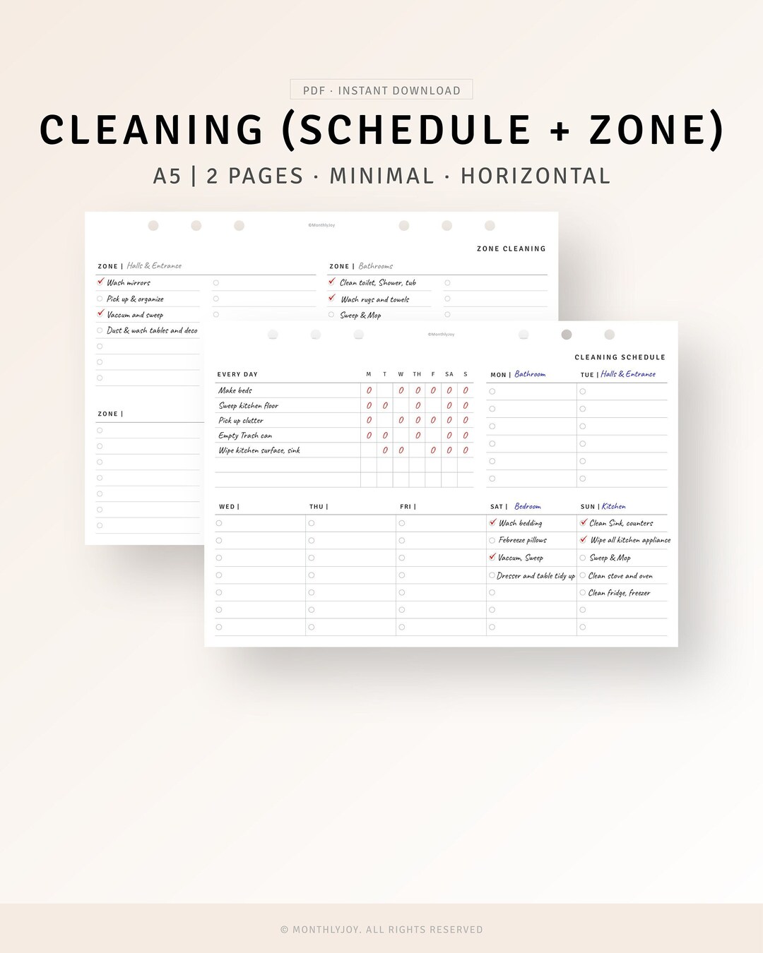 A5 Inserts, Cleaning Planner Schedule Printable Weekly Daily Cleaning ...