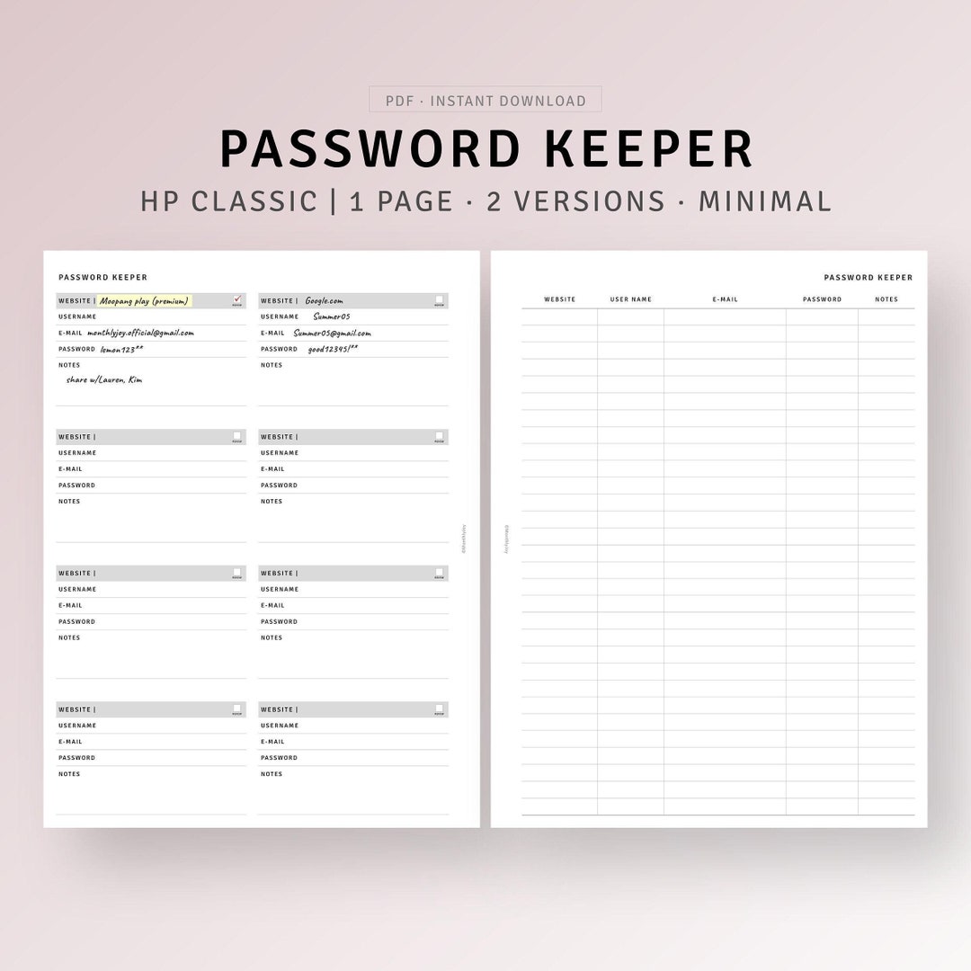 Password Tracker Printable HP Classic Inserts, Website Login Username ...