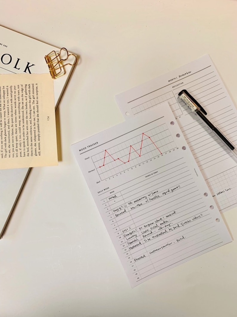Puede incluir: Un rastreador de estado de &aacute;nimo con un gr&aacute;fico de l&iacute;nea roja que muestra los niveles de estado de &aacute;nimo diarios. El rastreador incluye un registro diario de estado de &aacute;nimo con notas escritas a mano sobre los eventos del d&iacute;a.