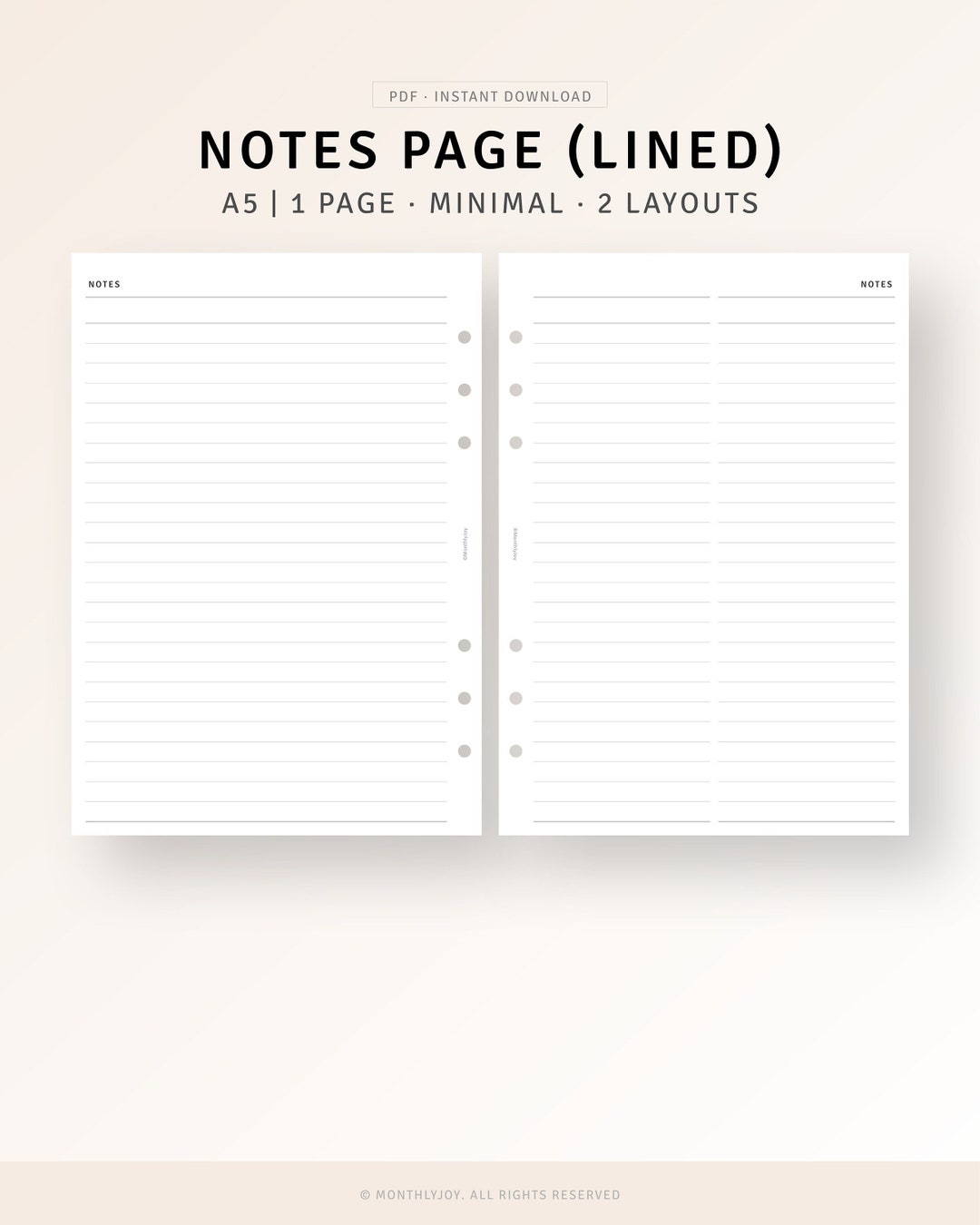 Notes Pages A5 Ring Inserts Printable Lined Notes Paper, Lecture Study