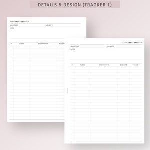K&ouml;nnte beinhalten: Zwei druckbare Aufgaben-Tracker-Seiten mit &Uuml;berschriften f&uuml;r Klasse, Aufgaben, F&auml;lligkeitstermin, Semester, Notizen, Fach und Note. Die Seiten sind f&uuml;r Sch&uuml;ler konzipiert, um ihre Schularbeiten zu verfolgen.