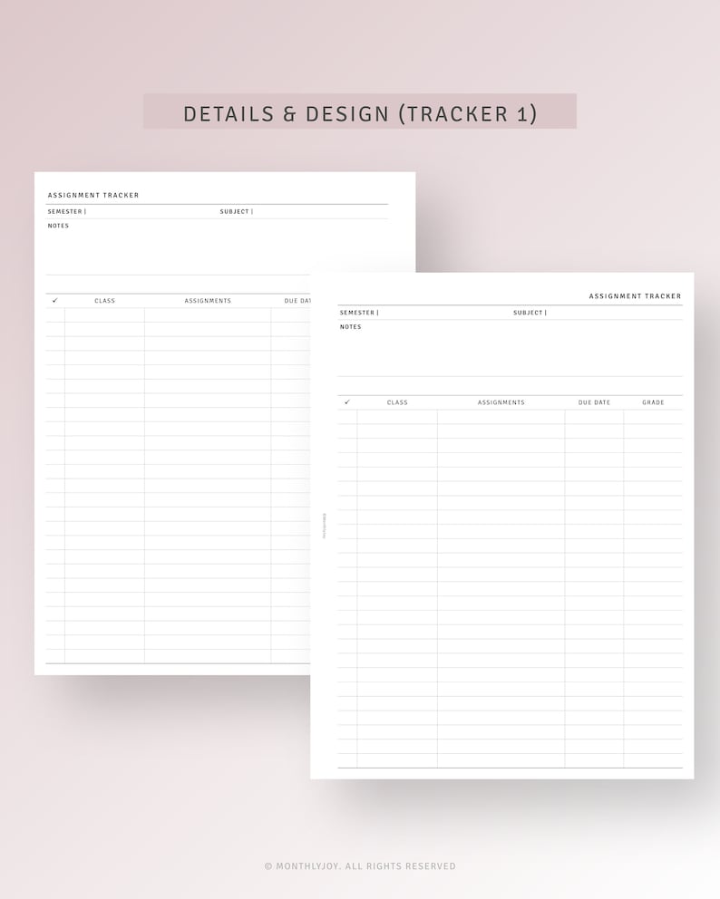 K&ouml;nnte beinhalten: Zwei druckbare Aufgaben-Tracker-Seiten mit &Uuml;berschriften f&uuml;r Klasse, Aufgaben, F&auml;lligkeitstermin, Semester, Notizen, Fach und Note. Die Seiten sind f&uuml;r Sch&uuml;ler konzipiert, um ihre Schularbeiten zu verfolgen.